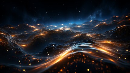 A stream of glowing particles gently floating in the air against a dark background.
