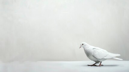 Obraz premium A graceful white dove stands on a solid white surface against a pale grey background.