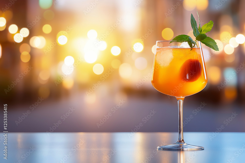 Poster refreshing cocktail with ice and mint leaves sits elegantly on table, illuminated by warm bokeh ligh