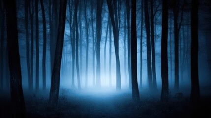 Forest background image showing a dark forest with tall trees and fog, illuminated by the soft glow of moonlight