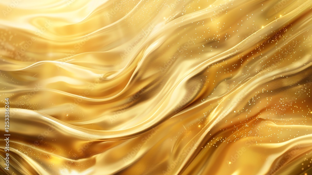 Poster golden waves of liquid metal. abstract background with smooth folds. 3d rendering.