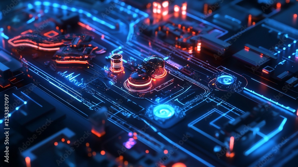 Poster a close up of a futuristic circuit board with glowing blue and red lights creating a technological f