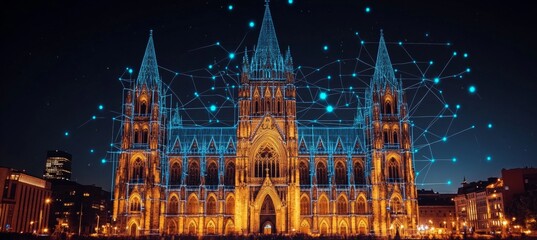 Fototapeta premium Historic Notre Dame Basilica Outlined in a Blue Digital Network at Night in Montreal, Canada