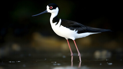 A focused shot of a black-necked stilt standing in shallow water, with long, slender legs and striking black and white feathers, illuminated by natural light