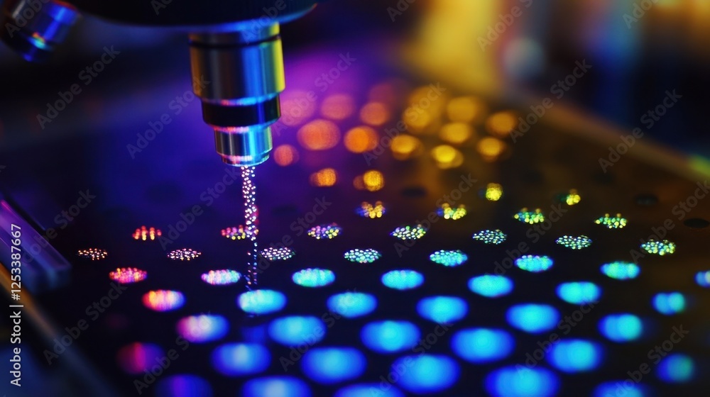 Poster close up of a microscope focusing on a multicolored microarray, showcasing cutting edge optical tech