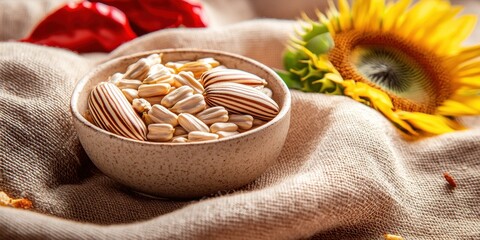 Sustainable alternative plant-based vegan protein and raw food ingredient concept. Bowl of mixed seeds on linen with a sunflower backdrop