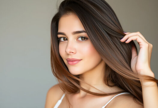 Un momento sincero de una mujer joven que se pasa los dedos por su cabello sedoso y saludable, luciendo despreocupada
