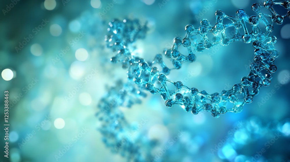 Poster detailed 3d render of a double helix dna strand on a blue bokeh background used for science research