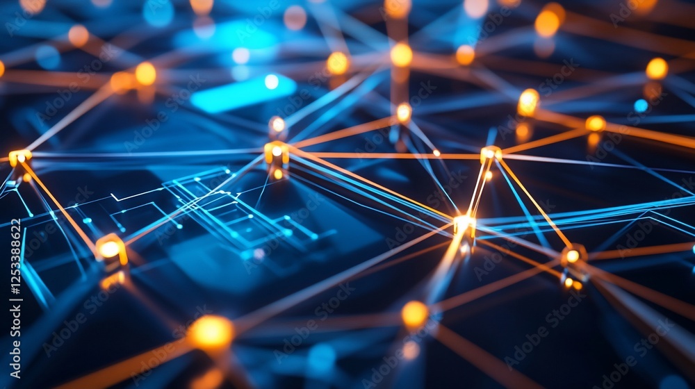 Poster abstract network of interconnected nodes with orange and blue illuminated lines