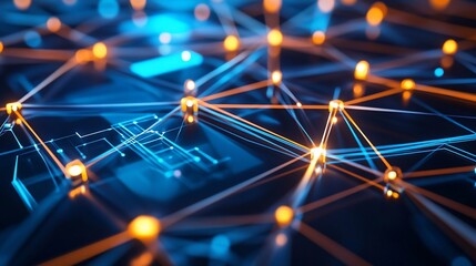Abstract network of interconnected nodes with orange and blue illuminated lines