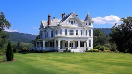 Majestic white Victorian mansion features Gothic Revival architecture with ornate details, turrets, on a lush green hilltop, Italian cypress trees and a wraparound porch under bright blue sky.