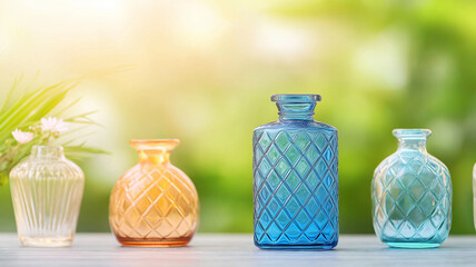 Colorful glass vases and bottles of various shapes and sizes arranged beautifully, showcasing intricate designs and vibrant colors against soft, blurred background