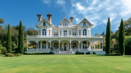 Majestic white Victorian mansion features Gothic Revival architecture with ornate details, turrets, on a lush green hilltop, Italian cypress trees and a wraparound porch under bright blue sky.