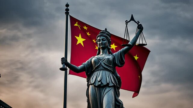 Statue of the goddess of justice with the flag of China.