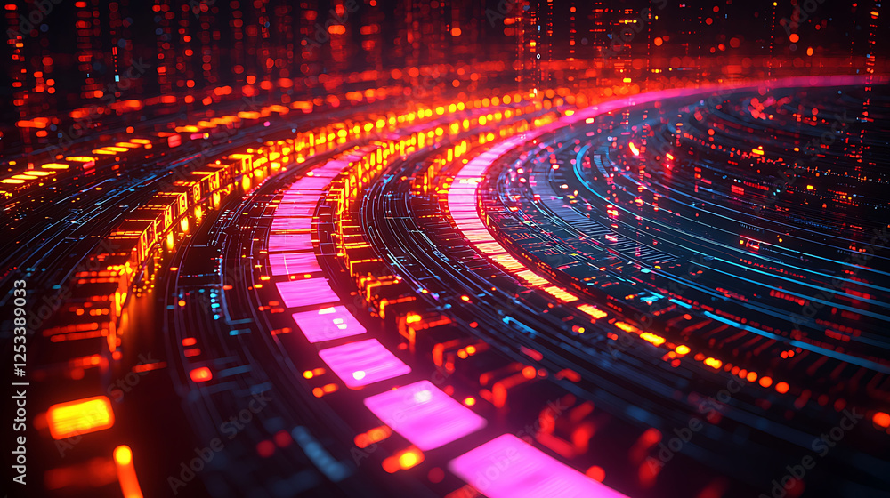 Poster abstract futuristic technology background. vibrant neon pink and orange data streams curve across a 