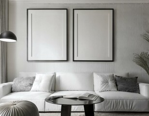 Mockup poster frame on the wall of living room. Luxurious apartment background with contemporary design. Modern interior design. 3D render, 3D illustration. See Less