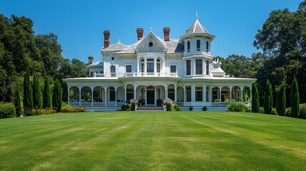 Obraz premium Majestic white Victorian mansion features Gothic Revival architecture with ornate details, turrets, on a lush green hilltop, Italian cypress trees and a wraparound porch under bright blue sky.