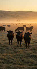 Cattle Sunrise: Serene Herd Grazing in Misty Pasture at Dawn | Golden Hour Farm Scene