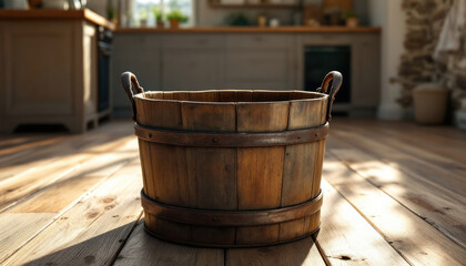 Wooden Bucket on Kitchen Floor