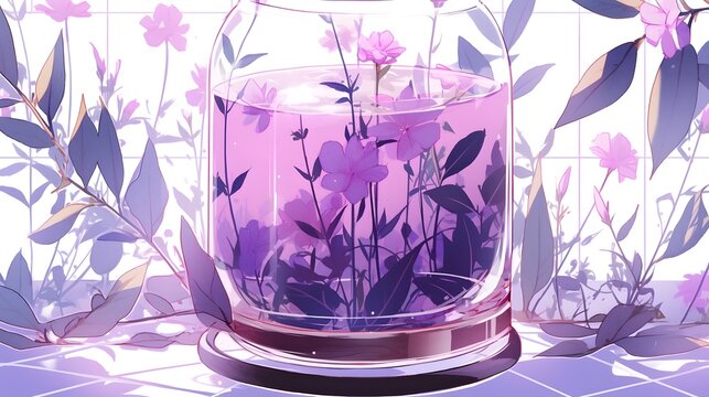 Glass of Herbal Infusion with Violet Blooms Against Abstract Floral Backdrop