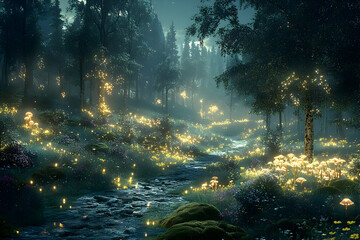 Glowing Plants And Flowers In A Magical Forest At Night