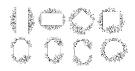 Set of eight floral frames with roses in geometric shapes hand drawn vector illustration isolated on white background, decorative ornament vintage botanical flower nature wreath