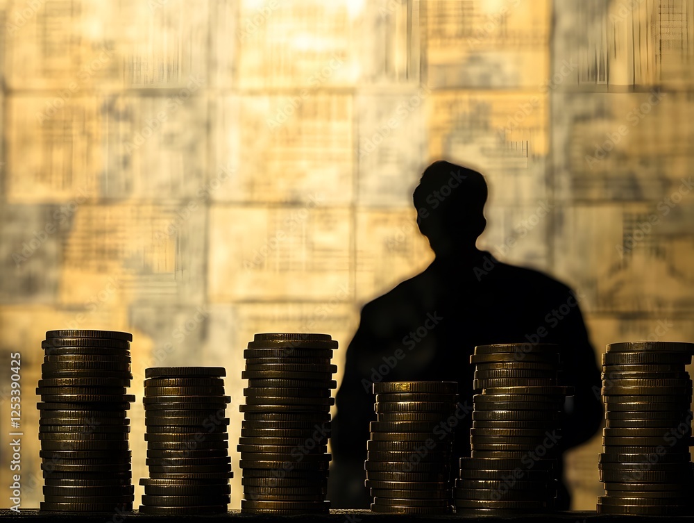 Poster shadow of businessman behind stacks of coins in financial setting