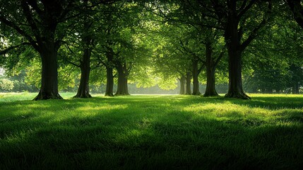 Naklejka premium Sunlit trees line a grassy park path, peaceful background