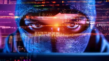 A masked figure with intense eyes appears against a backdrop of digital code and glitch effects, suggesting cyber activity. - Powered by Adobe