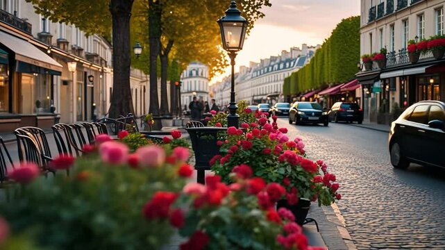 Street with flowers in Paris.