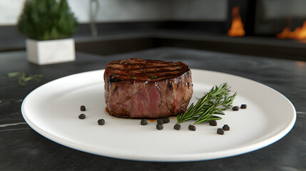 A perfectly cooked, thick-cut steak with grill marks is presented on a white plate, garnished with peppercorns and rosemary, against a blurred background with a fireplace.