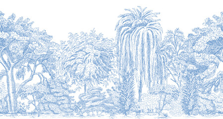 Blue toile forest with willow, oak tree mural. Classic landscape wallpaper.  © good_mood