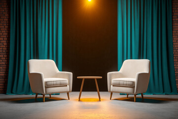 Cozy modern podcast studio featuring two armchairs and wooden table, illuminated by warm lighting. inviting atmosphere is perfect for engaging conversations