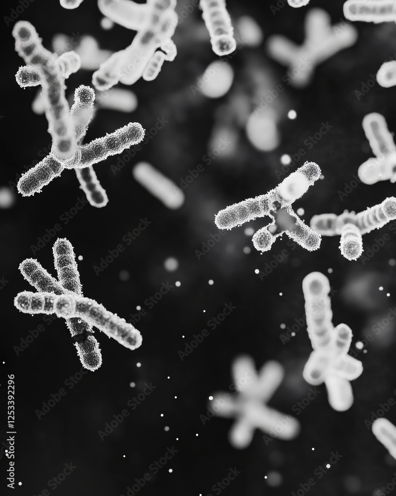Poster monochrome microscopic life forms floating in an abstract black space create an otherworldly atmosph