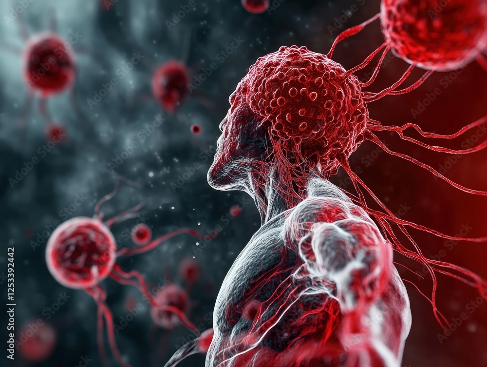 Poster scientific illustration showcasing cellular structures and interconnections, with a focus on intrica