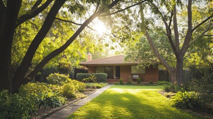 Tranquil suburban home embraced by greenery, bathed in soft natural light, radiating warmth and harmony.