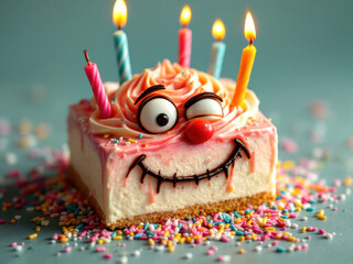 Whimsical cake with playful face design and colorful candles for celebration