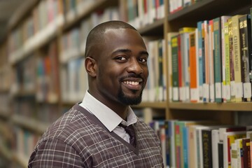 Fototapeta premium Focused Portrait of a Young African Asian Male Studying in a Library