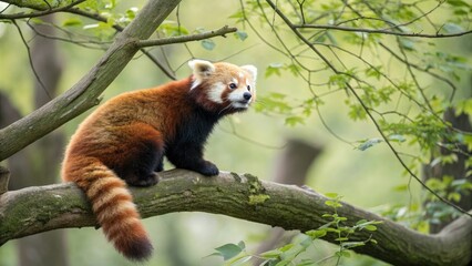 Fototapeta premium adorable red panda sitting on a tree branch, cute, forest, forest animal, tree, endangered species