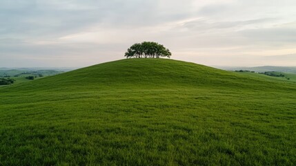 Lush Green Hilltop with Trees under Cloudy Sky. Possible use for nature photography