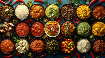 Fototapeta premium Colorful Variety Of Mexican Dishes And Sauces