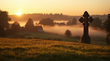 Sunrise over misty countryside with cross