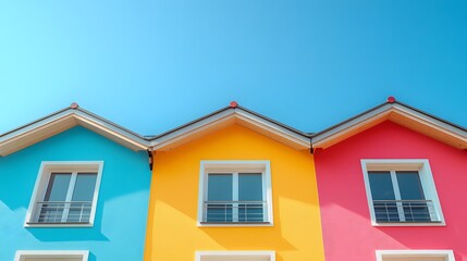 Obraz premium Colorful rooftops create geometric patterns against bright blue sky, showcasing pastel houses with windows in symmetrical arrangement of rainbow-colored modern architecture.