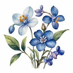 Fototapeta premium Big set with buds, flowers, twigs and leaves of pimpernel in watercolor illustration. This set is well suited for your various projects: creating cards, invitations, wedding design and many others