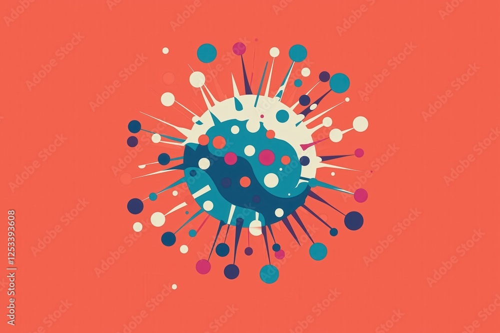 Poster stylized microscopic image of a cell organism with spike proteins and decorative circular structures