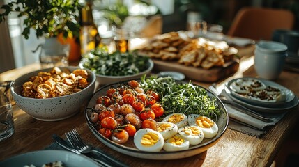 Obraz premium Sunny brunch table with eggs, tomatoes, salad