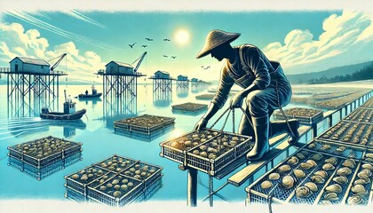 Artistic Depiction of Oyster Farm Worker with Cages, Generative AI
