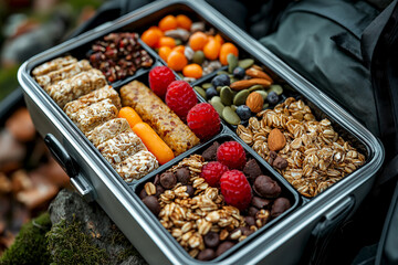 Healthy snack box filled with nuts, seeds, and dried fruits enjoys the great outdoors in a forest setting. Nutritious lunch box for a hiking trip filled with energy bars, trail mix