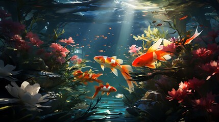 A tranquil koi pond with golden fish moving gracefully beneath water lilies.