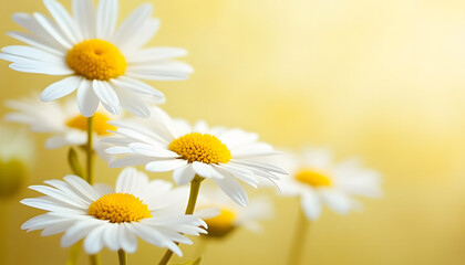 Naklejka premium Daisy flowers in bloom, cheerful and bright, on warm yellow background, copy space
